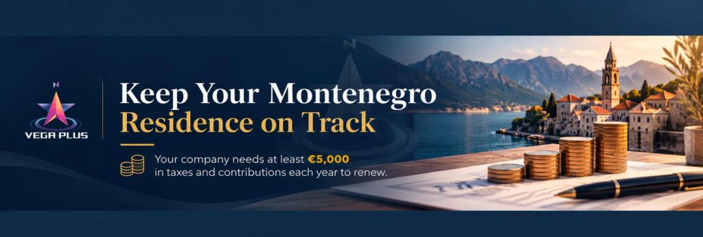 Vega Plus banner about Montenegro's €5,000 tax requirement for residence permit renewal, with company documents and stacks of coins.