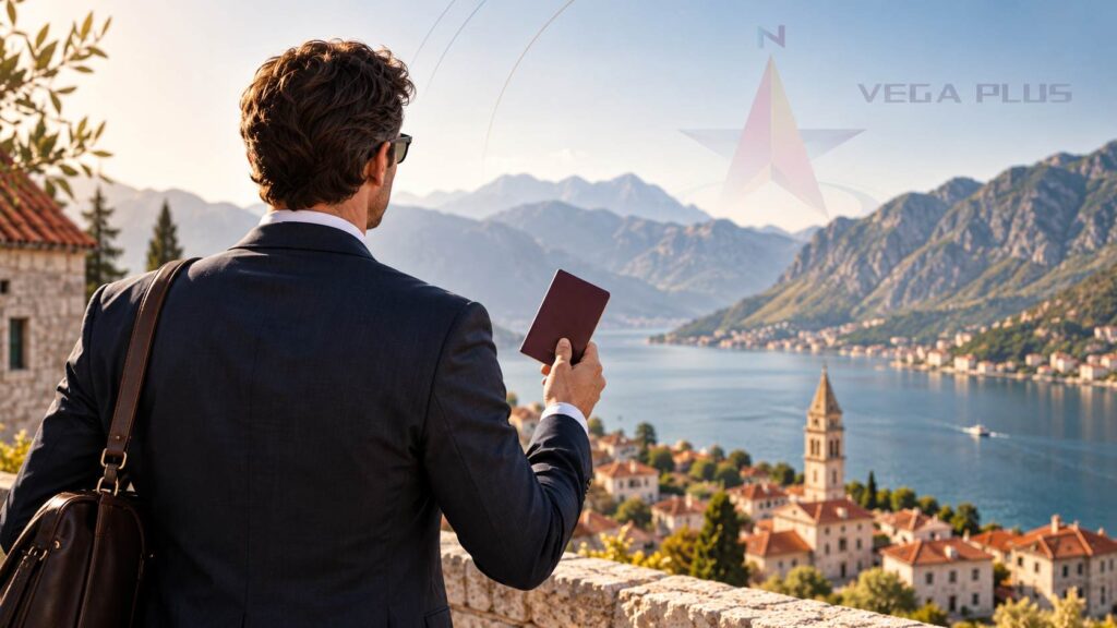 Businessman holding a passport while overlooking the Bay of Kotor in Montenegro.