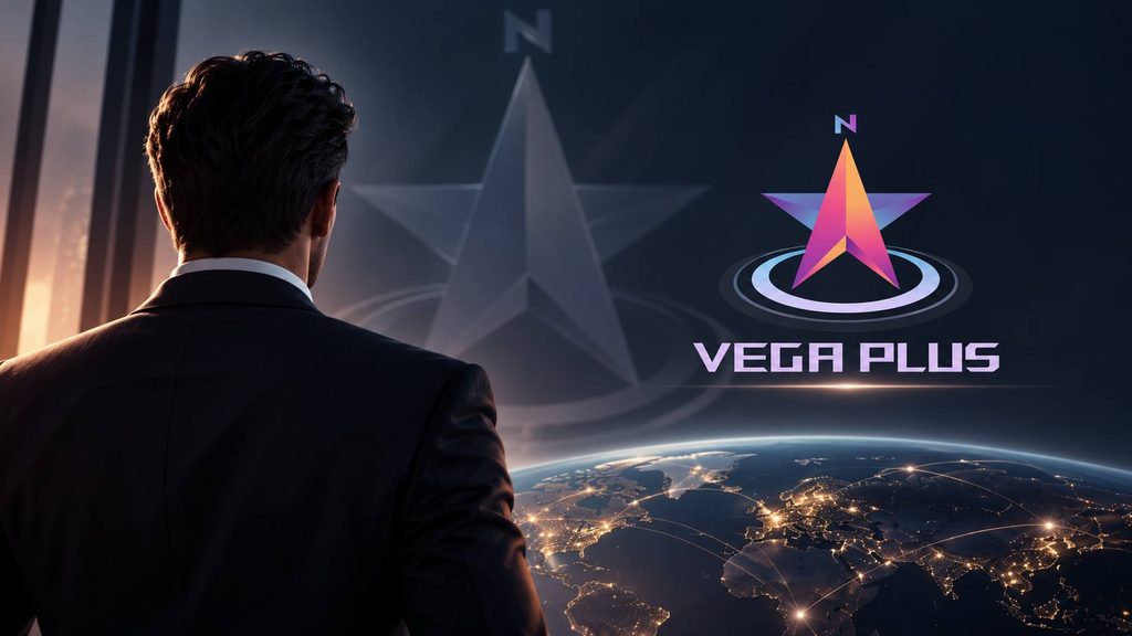 Businessman in a dark suit seen from behind, with the Vega Plus logo and a global business network in the background.