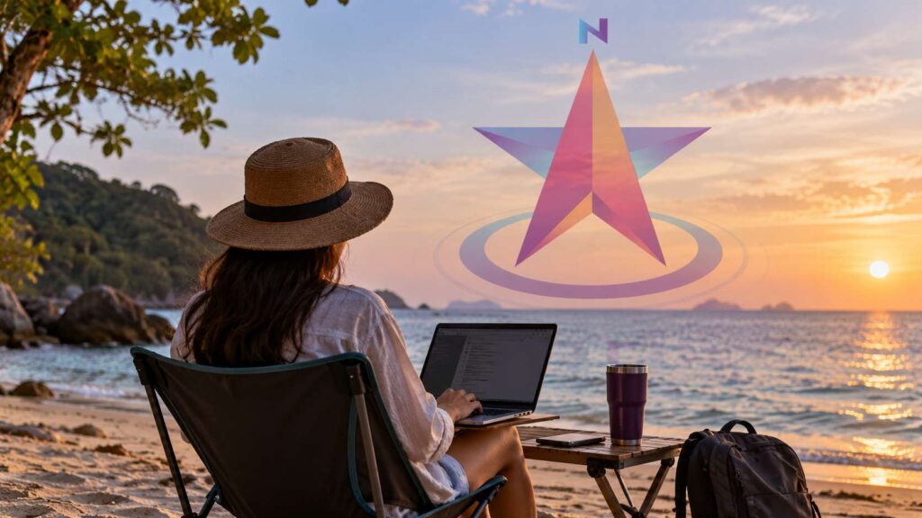 A digital nomad sits on a beach and works on a laptop at sunset, seen from behind, with a large transparent Vega Plus logo in the background.