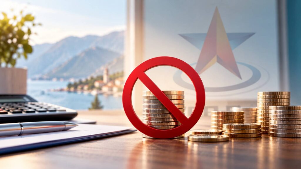 Stacks of coins with a red prohibition symbol to represent no advance payments, with the Vega Plus logo in the background.