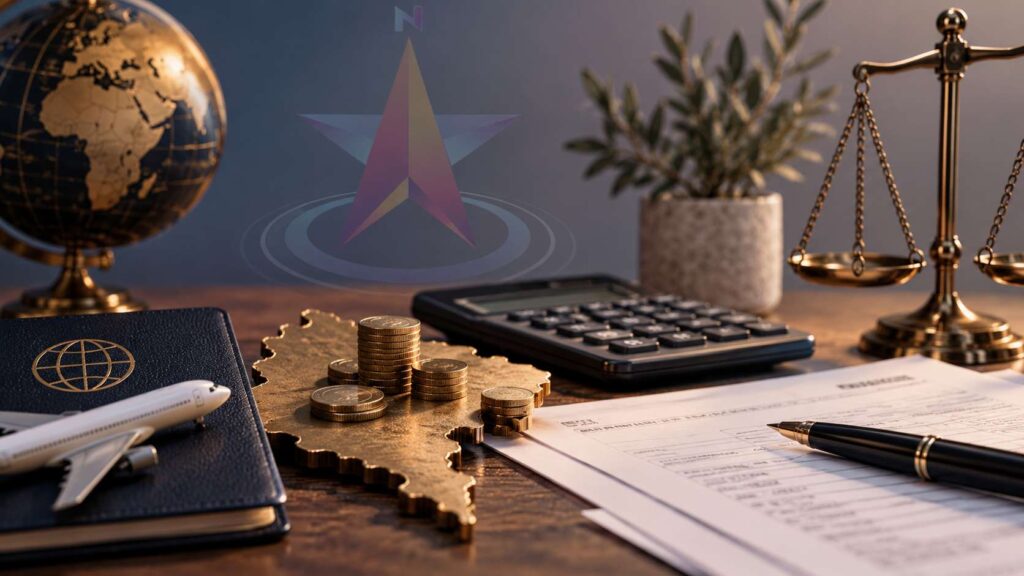 Tax documents, calculator, coins, passport, and globe on a desk, with a faint Vega Plus logo in the background.