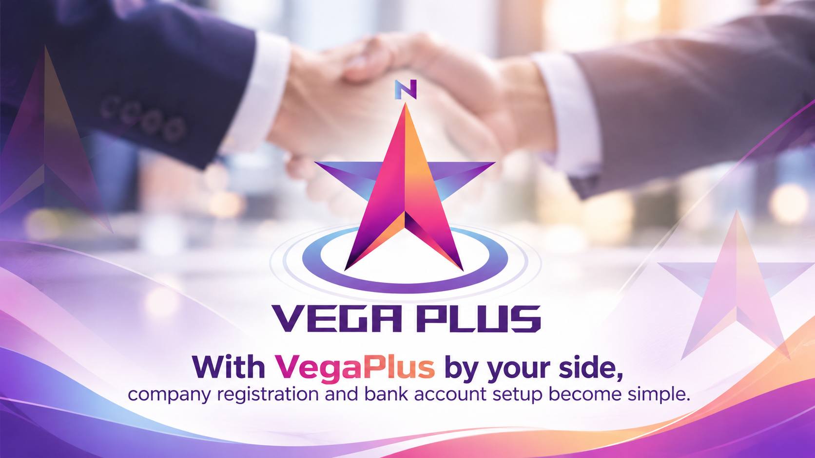 Two professionals shake hands behind a central Vega Plus logo in a branded business banner.