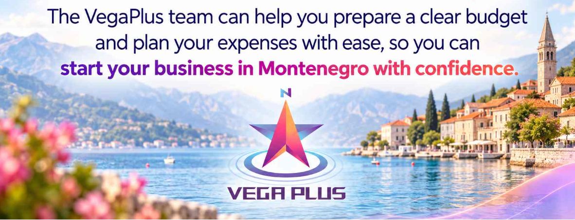 VegaPlus business services banner with a scenic view of Montenegro's Bay of Kotor and the company logo.