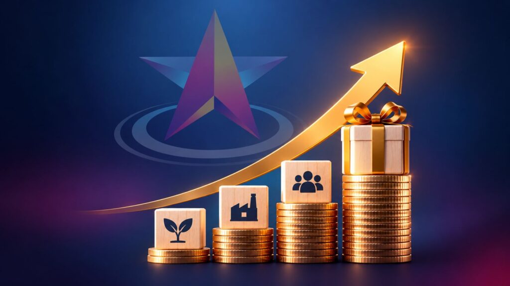 Gold coin stacks with business icons, an upward arrow, and a subtle Vega Plus logo on a dark blue background.